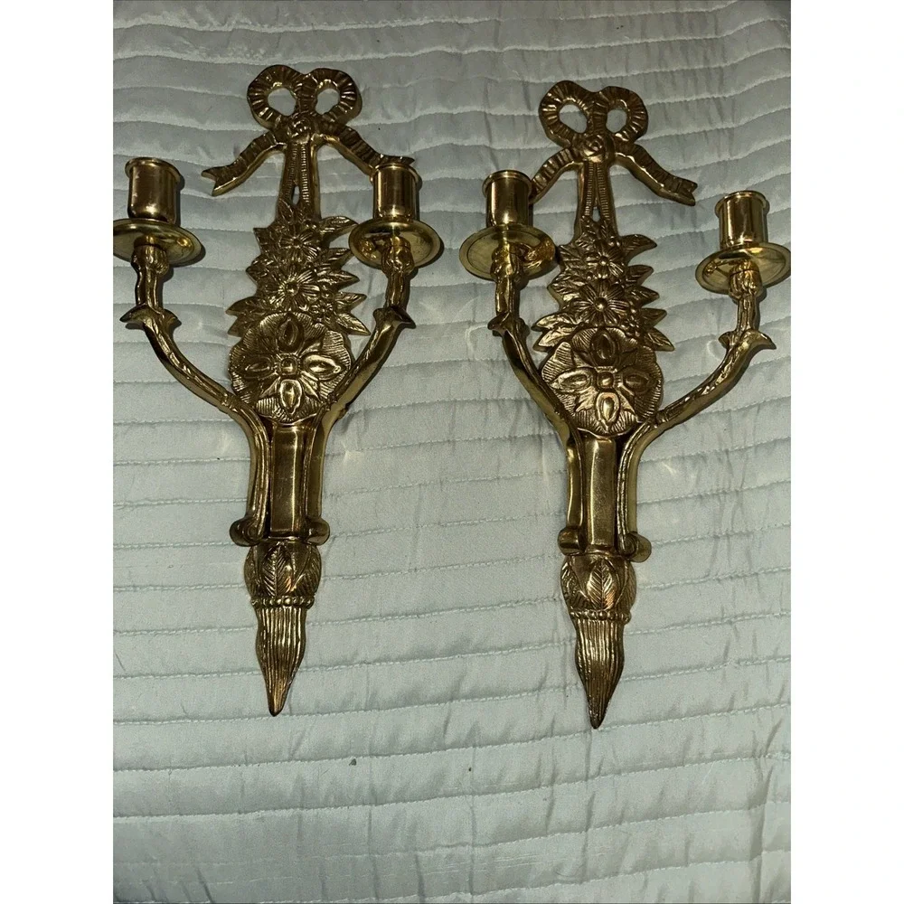 Brass Wall Sconces Pair Decorative Candle Holders with Floral and Bow Design